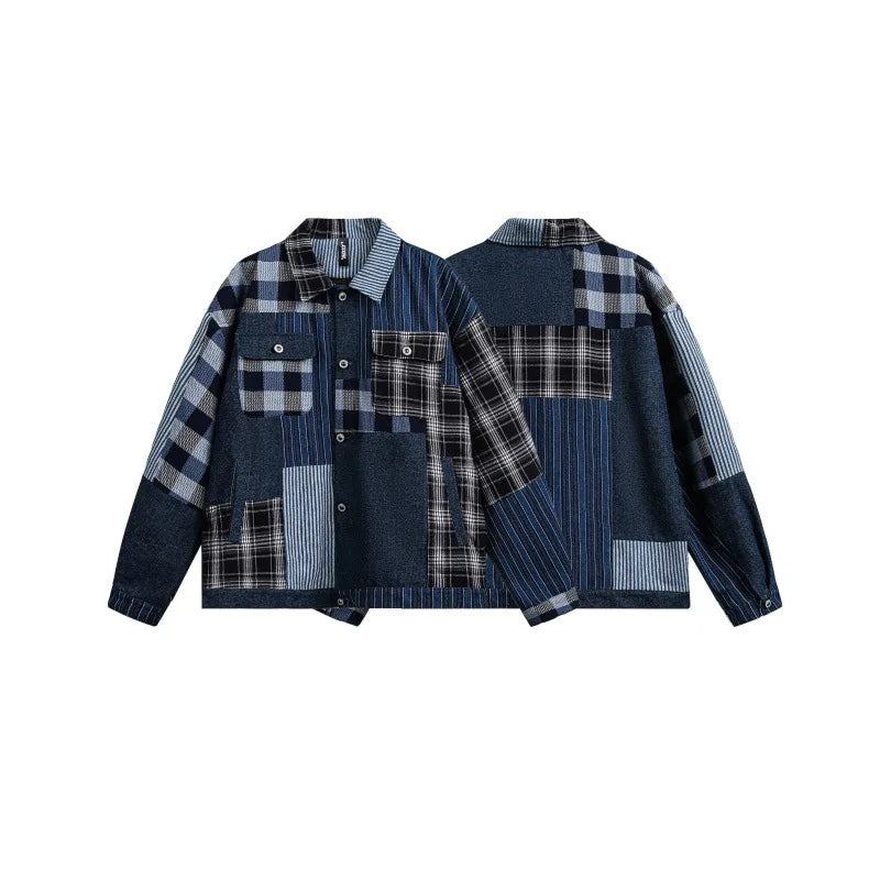 2026 Spring Japanese Retro Washed Plaid Patchwork Denim Jacket Men Akkad Kuti High - Quality Loose Casual Workwear Coat