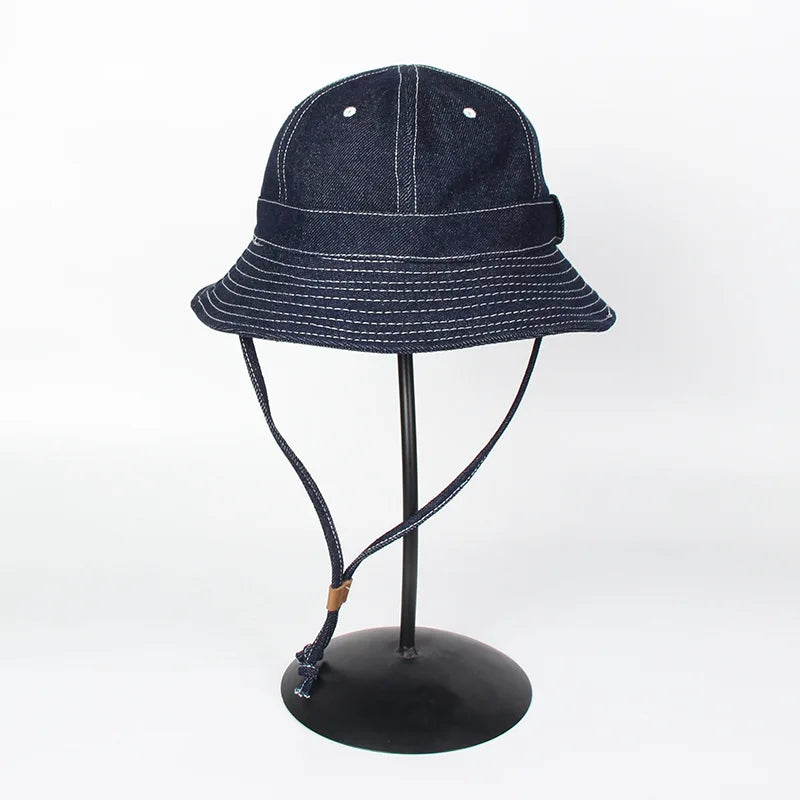 Akkad Kuti Vintage Denim Blue Bucket Hat Wide Brim Round Top Sun Hat for Breathable Unisex Fisherman Hat Casual Outdoor Cap