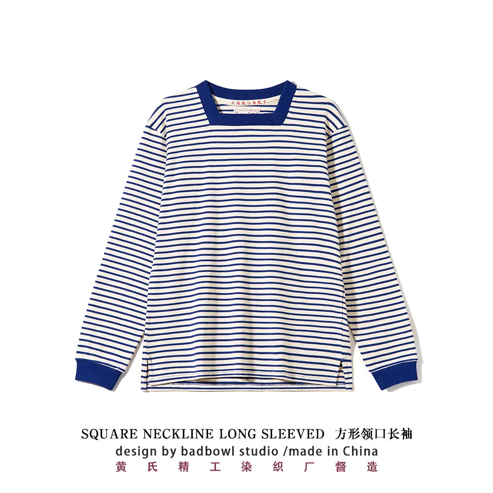 Original Square Neck Striped T-shirt From The Great Voyage Series, Heavyweight Pure Cotton Men's Retro Long Sleeved T-shirt