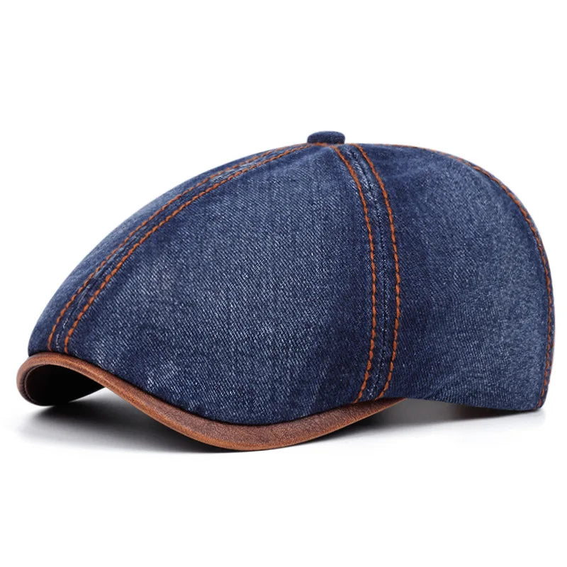 Akkad Kuti British Vintage Washed Denim Beret - Unisex Retro Painter Hat with Distressed Effect