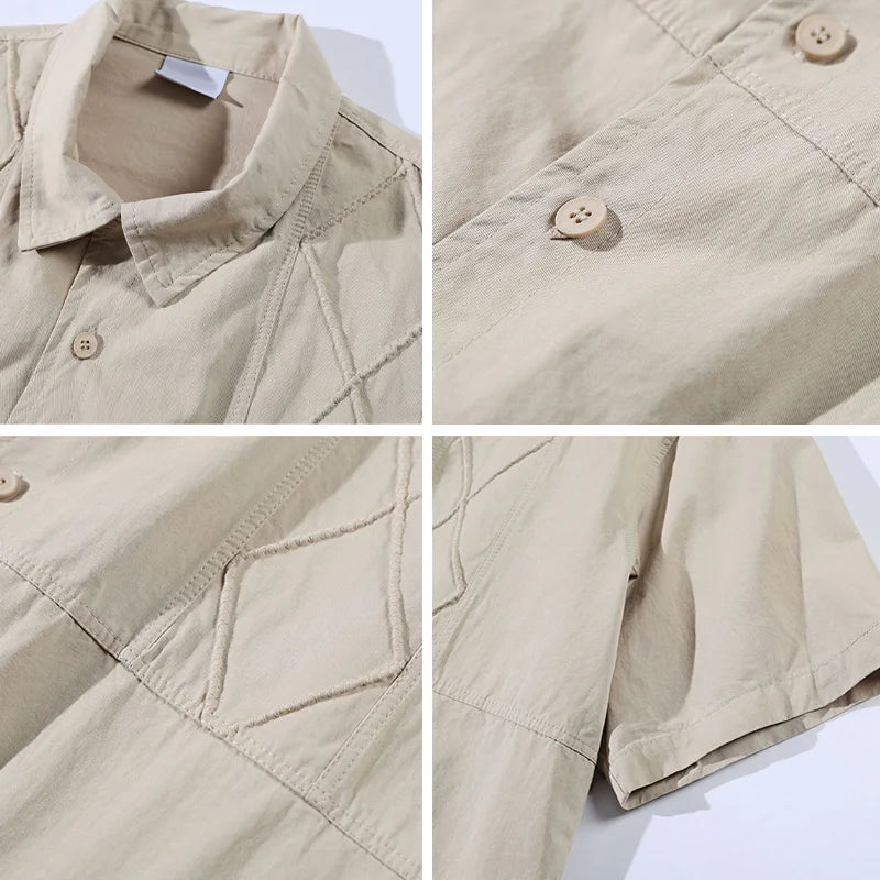 New Arrival Unisex Amekaji Shirt 100% Cotton Japanese Vintage Modern Chinese Style Argyle Paneled Loose Workwear Short-Sleeve