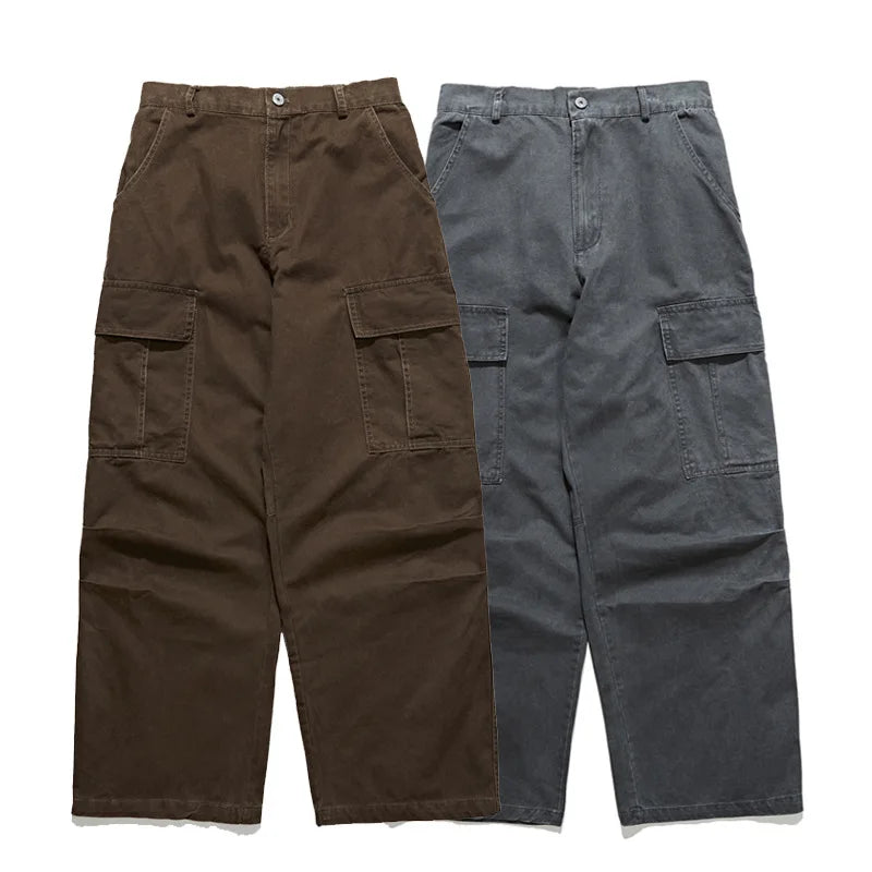 Japanese Retro Washed Distressed Multi Pocket Work Pants for Men and Women, Loose Straight Leg Pure Cotton Casual Pants