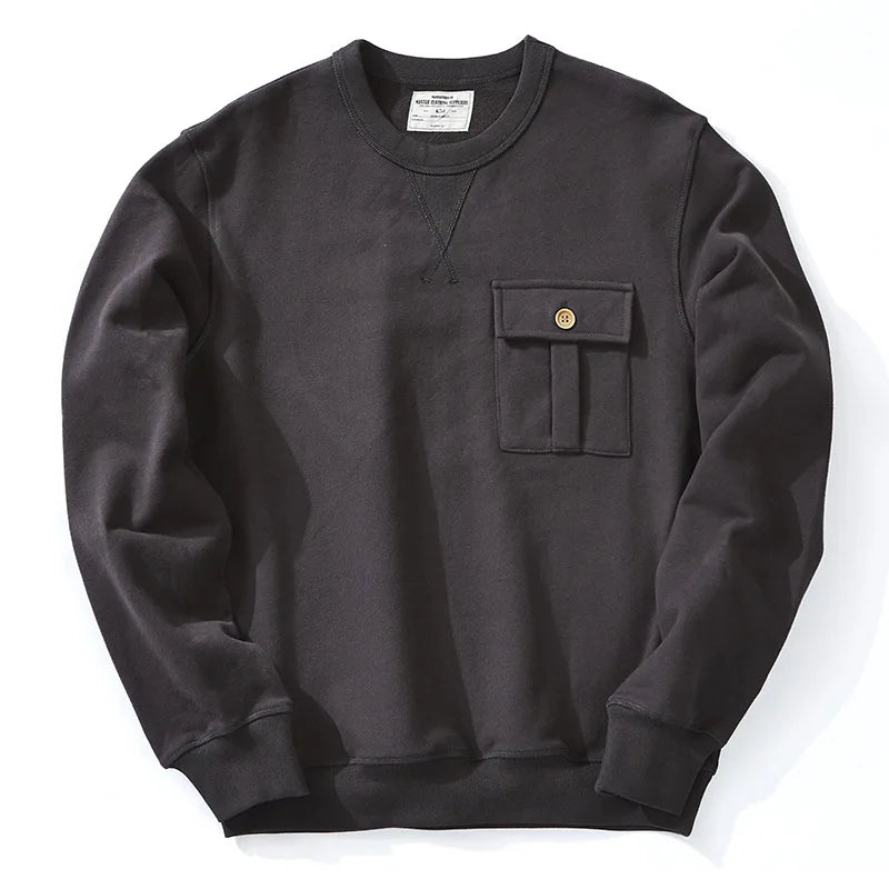 Men's Amekaji 490g Heavyweight French Terry Sweatshirt - Solid Color Crew Neck Pullover Kangaroo Pocket Thick Hoodie