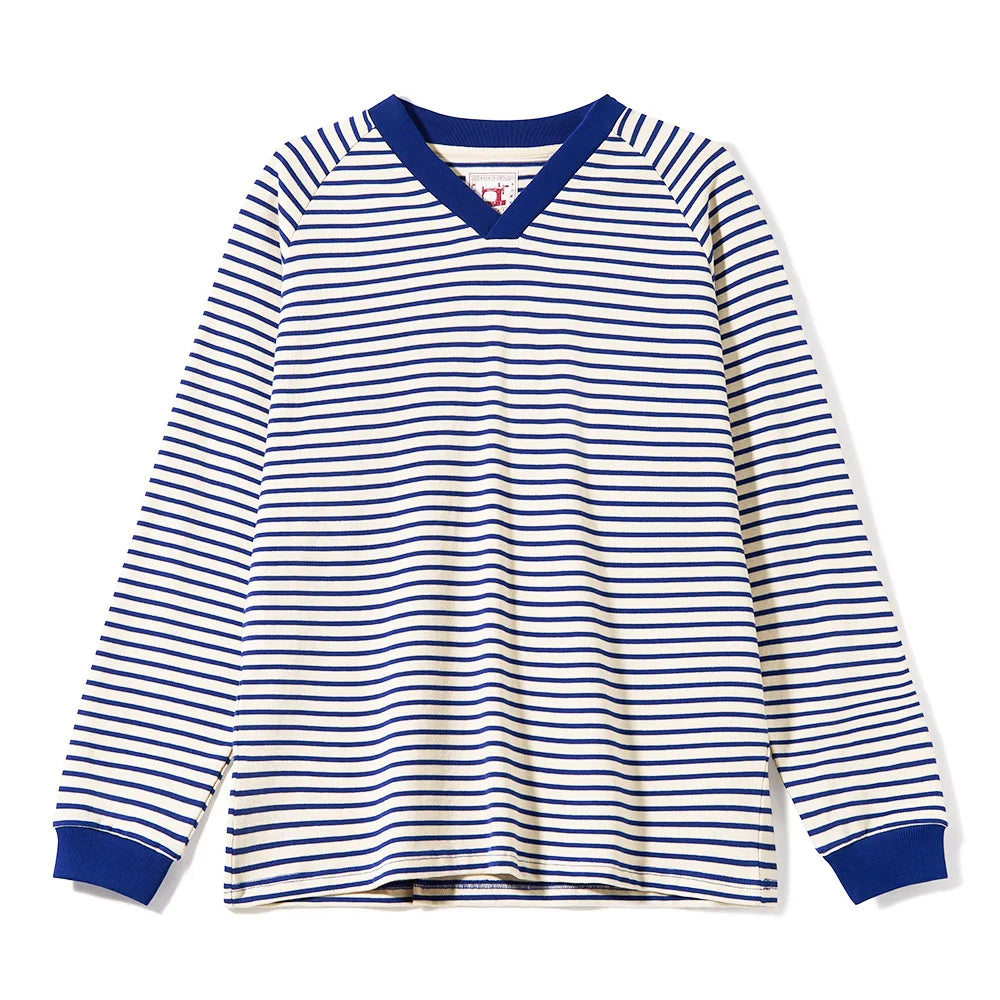 Unisex Heavyweight 100% Cotton American Retro Shirt 2025 New Arrival Breton Stripe V-neck Vintage Washed Top