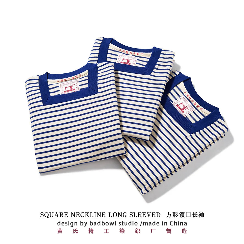 Original Square Neck Striped T-shirt From The Great Voyage Series, Heavyweight Pure Cotton Men's Retro Long Sleeved T-shirt