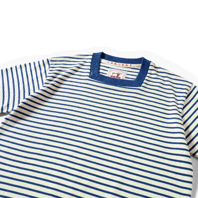 Original square collar striped T-shirt, heavyweight pure cotton men's T-shirt, washed retro sea soul shirt, short sleeved shirt
