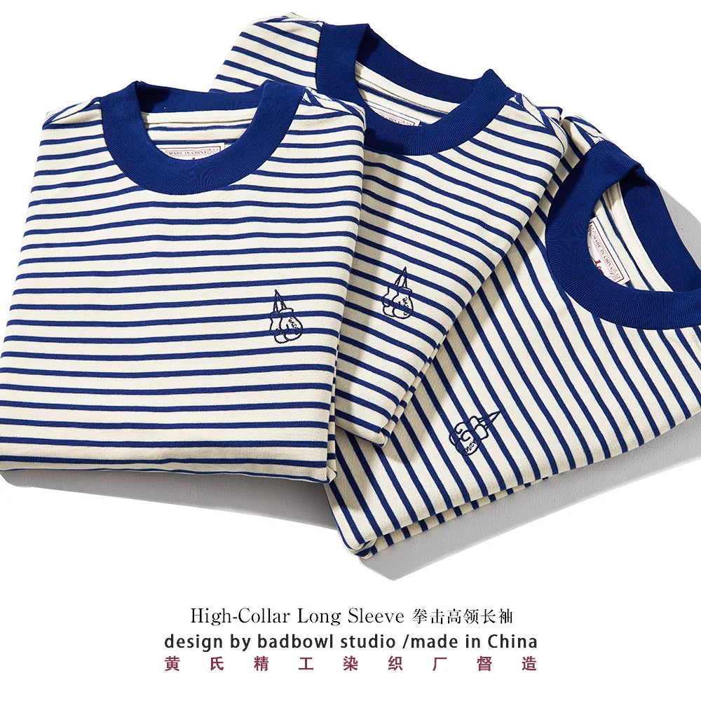 Small High Neck Long Sleeved Striped T-shirt for Men, Vintage Sea Spirit Shirt, Heavyweight All Cotton Boxing Embroidery T-shirt