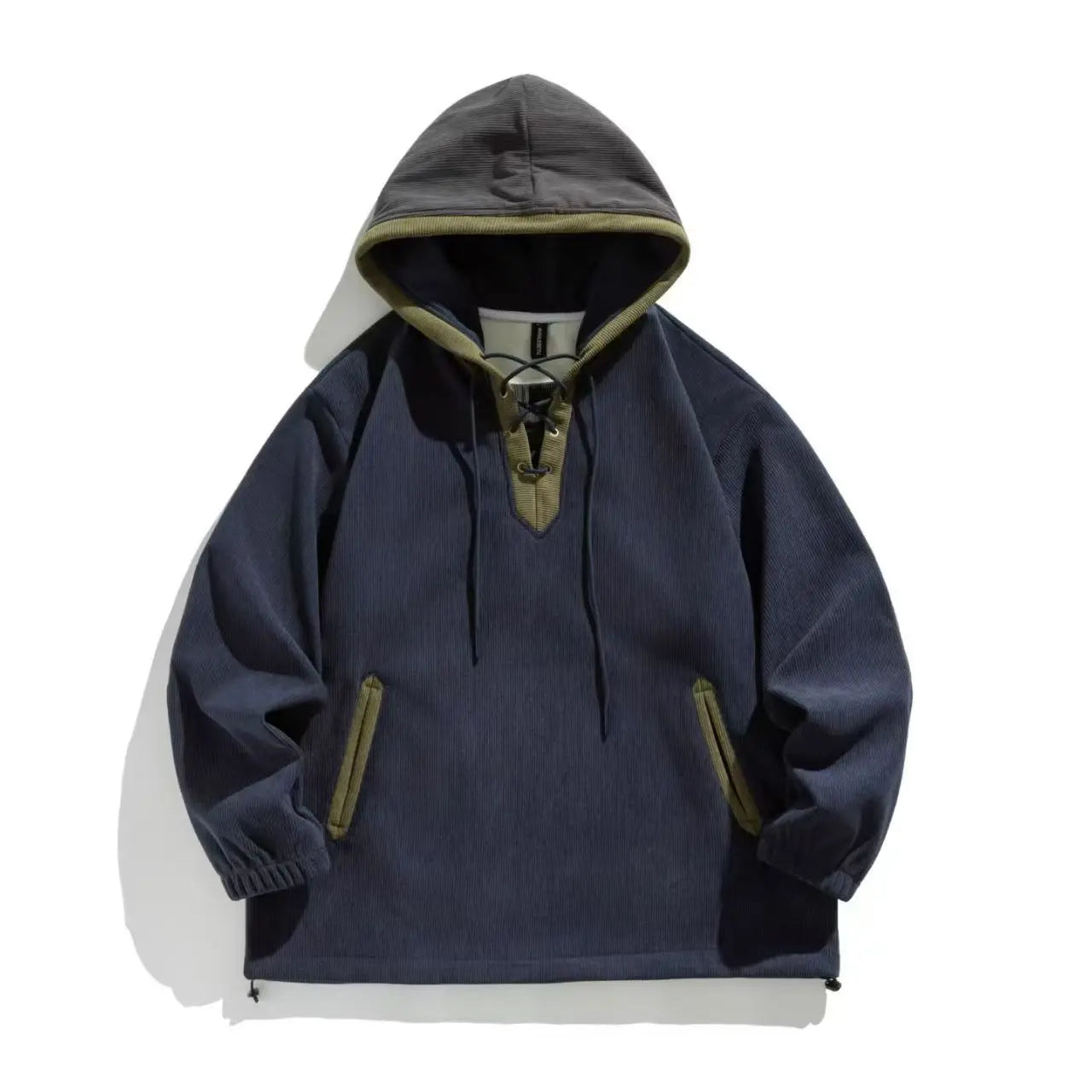 Autumn Winter Thicken Fleece Lined Corduroy Splice Hoodie Men Streetwear Fashion Loose Casual Pullover Hooded Sweatshirts Coat