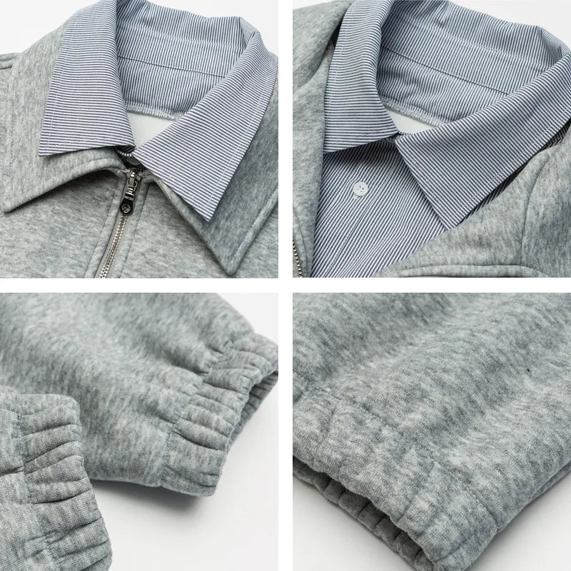 2026 New Zipper Hoodie Casual Loose Fit Turn-down Collar Fake Two-Piece Style Thickened Cotton Nylon Fabric Winter Youth Fashion