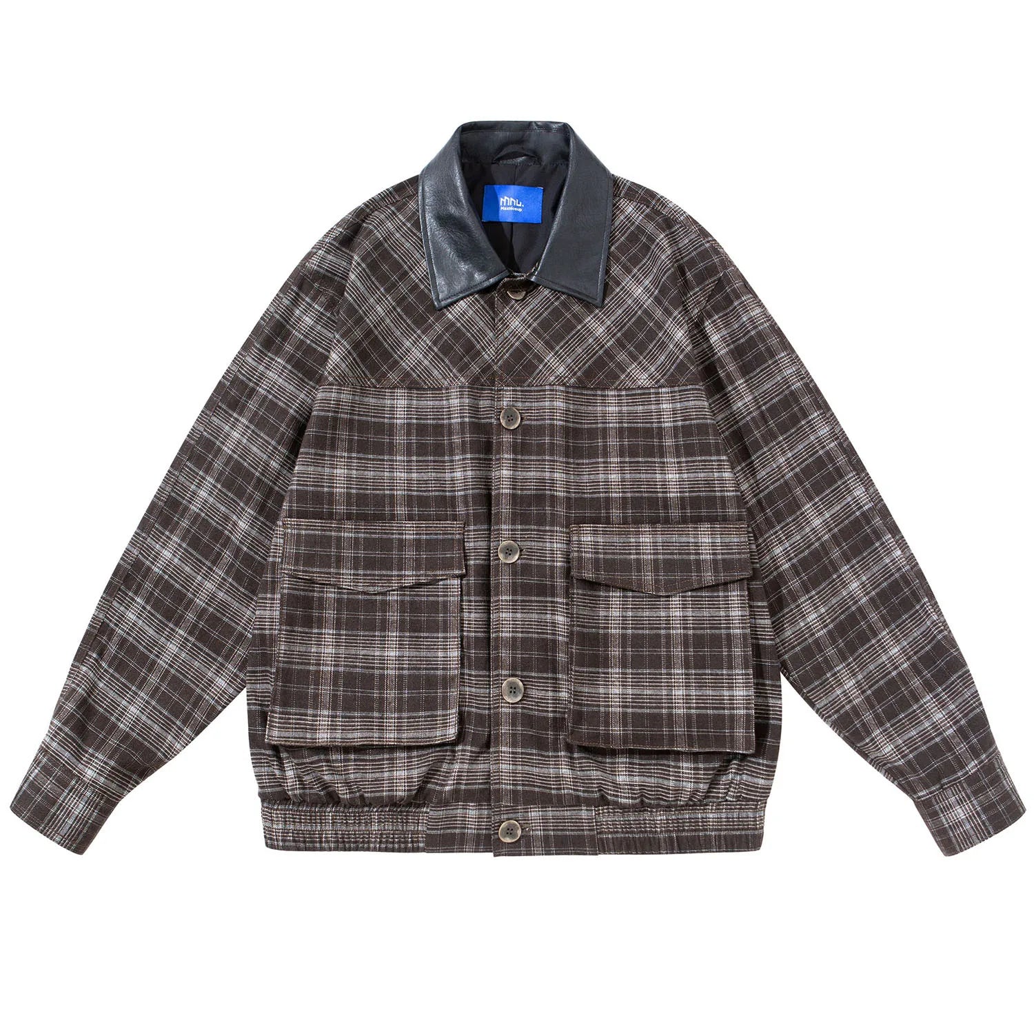 2026 New Splice Leather Collar Plaid Coat Men Women Streetwear Vintage Casual Loose Lapel Plaid Cargo Jacket Couple Bomber Coat