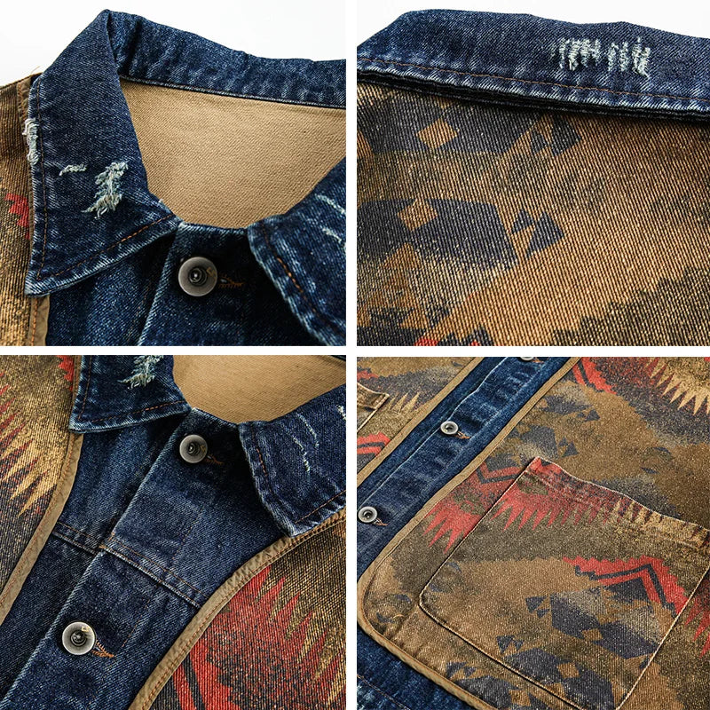 2025 Autumn New Men's Amekaji Jacket Japanese Retro American Street Denim Jacquard Paneled Vintage Washed Oversized Lapel Coat
