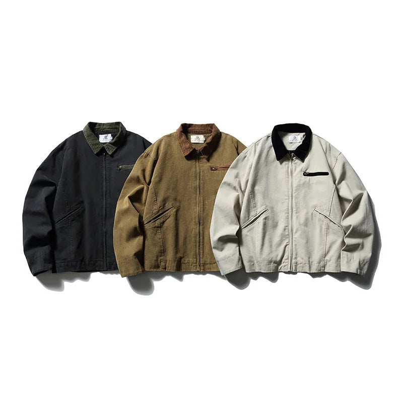 Amekji Classic Detroit Jacket J01 American Vintage Workwear Spring/Fall 100% Cotton Canvas Jacket  Loose-Fit Lightweight Coat