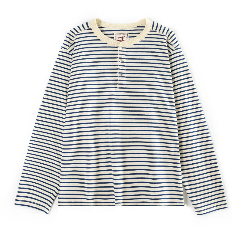 Classic American Retro Blue and White Sea Soul T-shirt Heavy duty All Cotton Striped Men Henry Collar Casual Long Sleeve T-shirt