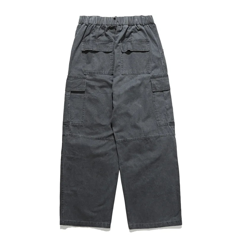 Japanese Retro Washed Distressed Multi Pocket Work Pants for Men and Women, Loose Straight Leg Pure Cotton Casual Pants