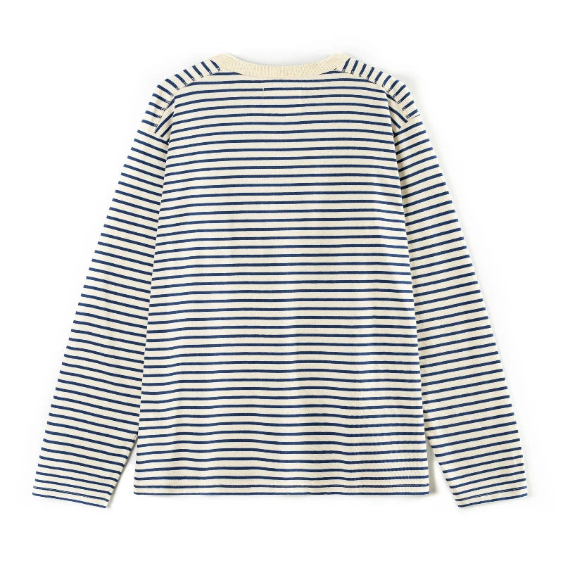 Classic American Retro Blue and White Sea Soul T-shirt Heavy duty All Cotton Striped Men Henry Collar Casual Long Sleeve T-shirt