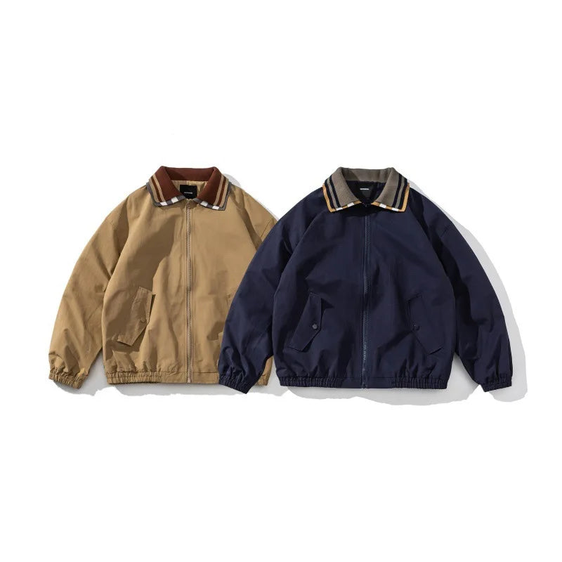 2025 Spring New Retro Streetwear Color Block Lapel Jacket Men's Loose Casual Fashion Design Sense Outerwear