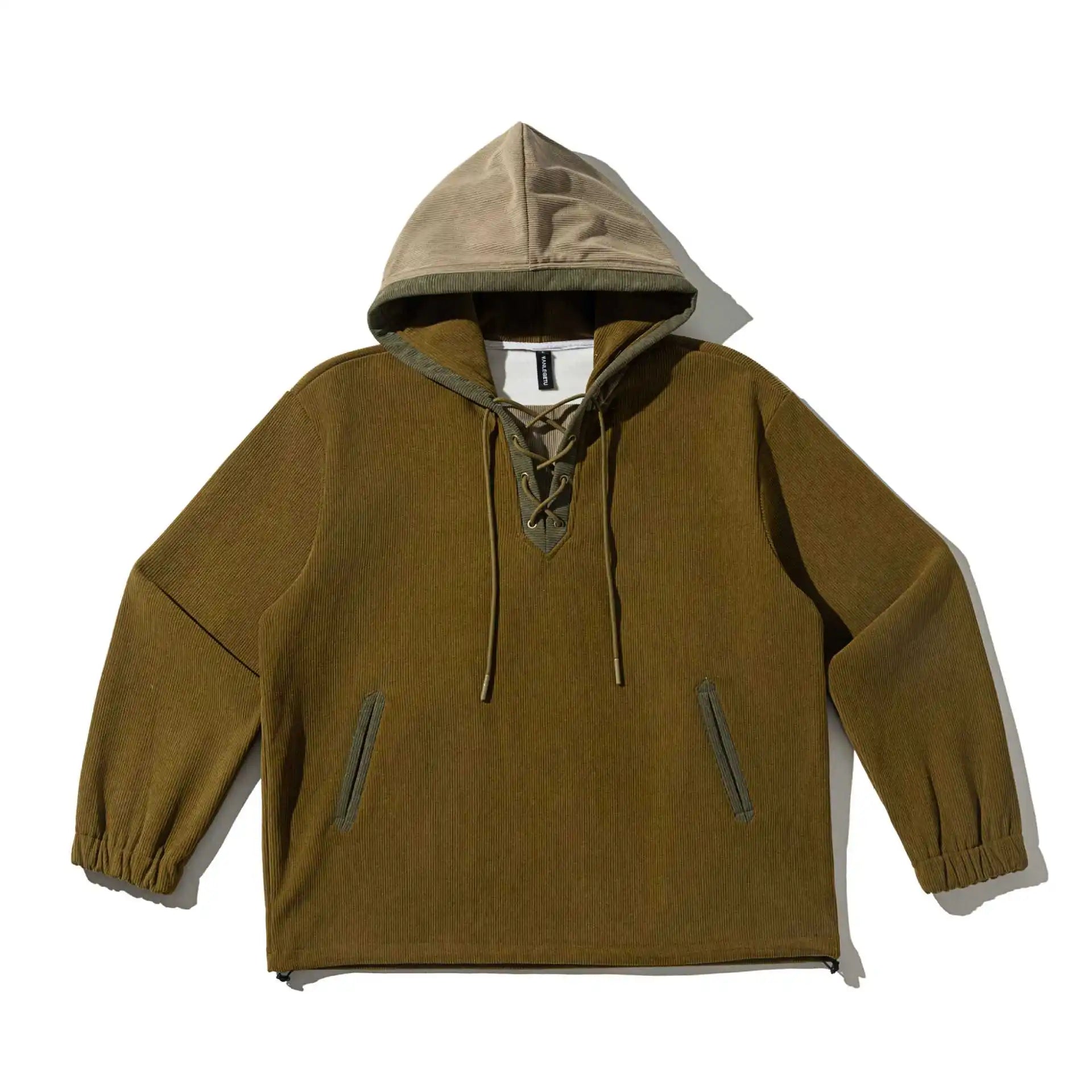 Autumn Winter Thicken Fleece Lined Corduroy Splice Hoodie Men Streetwear Fashion Loose Casual Pullover Hooded Sweatshirts Coat