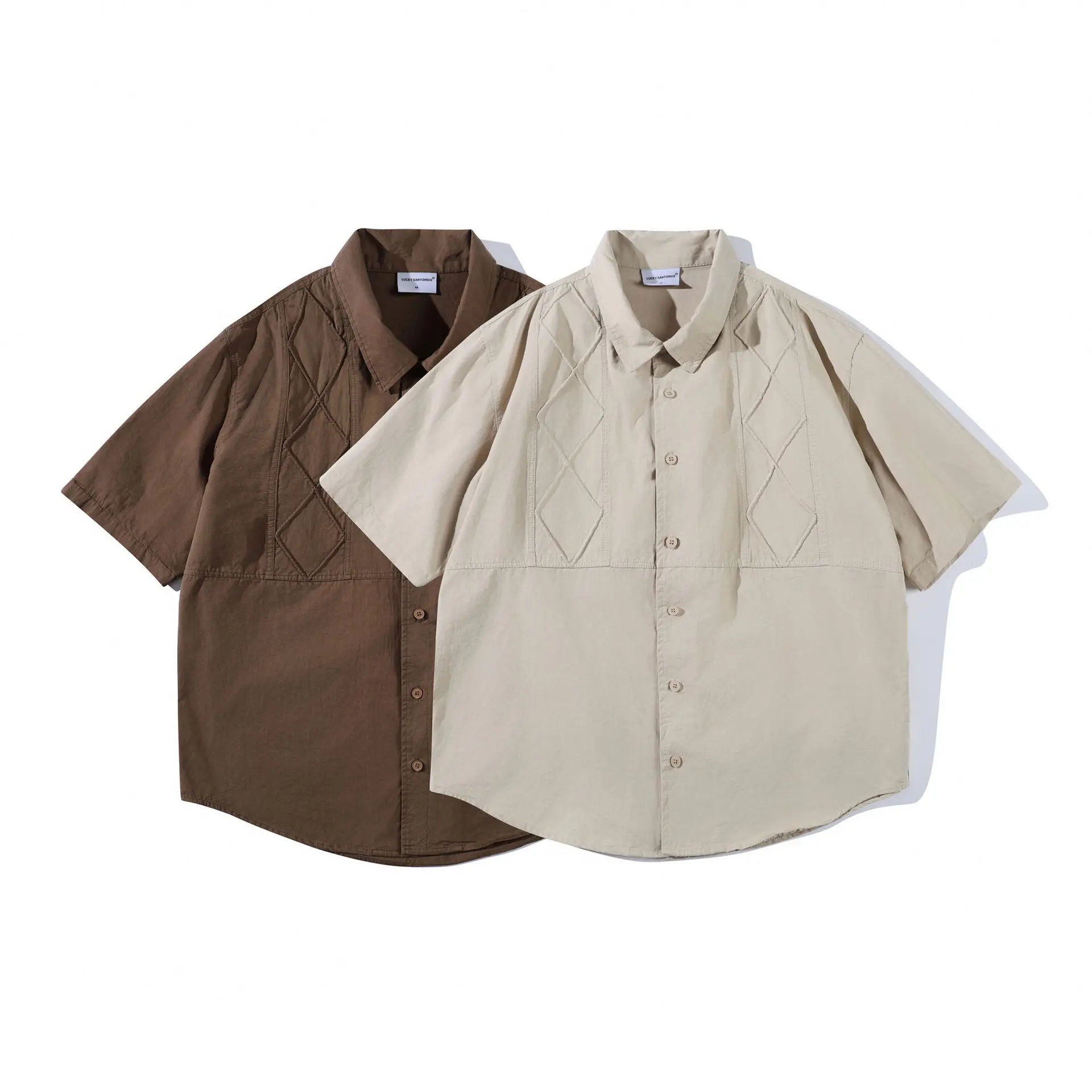 New Arrival Unisex Amekaji Shirt 100% Cotton Japanese Vintage Modern Chinese Style Argyle Paneled Loose Workwear Short-Sleeve