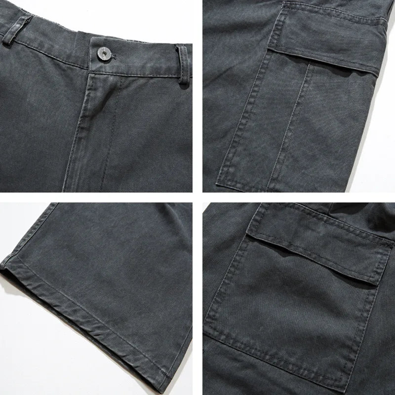 Japanese Retro Washed Distressed Multi Pocket Work Pants for Men and Women, Loose Straight Leg Pure Cotton Casual Pants