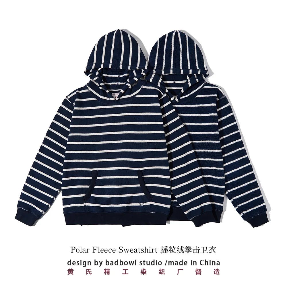 2026 New Winter Original Wool Hooded Sweater for Men, American Retro Striped Sweater, Loose Fitting Couple Hoodie, Washed With