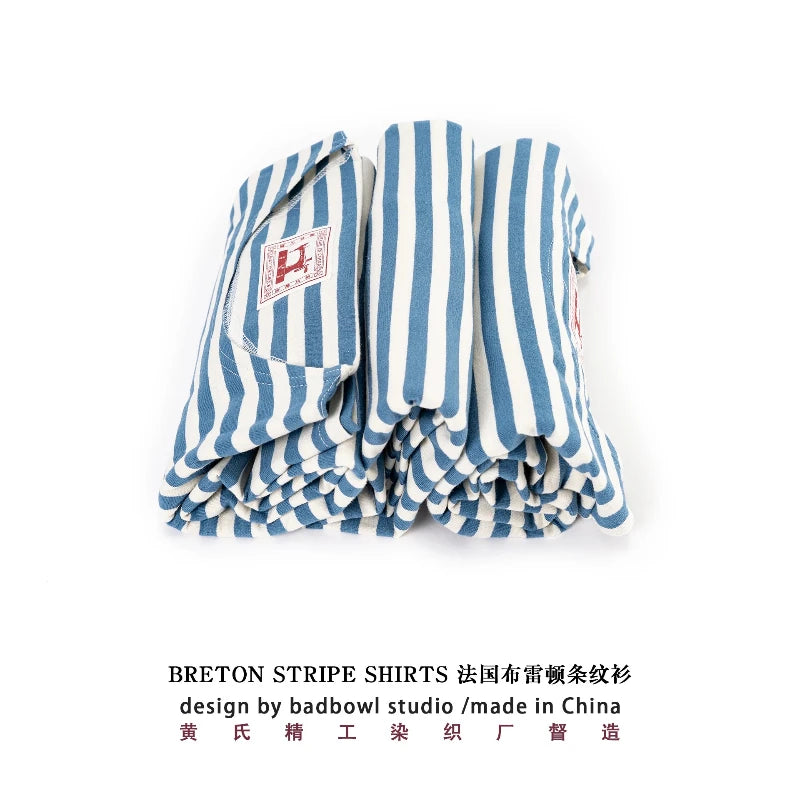 New one neck loose casual T-shirt for men, blue and white striped T-shirt, men pure cotton versatile long sleeved sea soul shirt